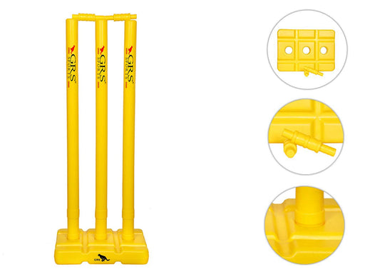 GRS India Best Heavy Plastic Cricket Stumps Set - 3 Stumps + 2 Bails + 1 Stand (Yellow)(Plastic Wicket Set)