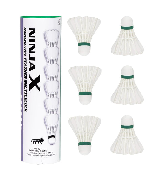 GRS® NinjaX Hard Cork Feather Shuttle Cock (Pack of 6),Color White, Base Cork in Wooden Material, Superfine Feather