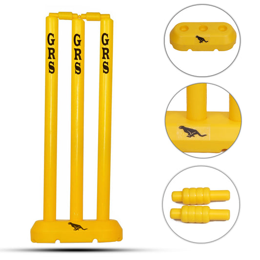 GRS ® Kids Zone Hard Plastic Cricket Wickets Set for Kids for Age Group 3 to 10 Year (3 Piece Wickets, 2 Bails, Base, 24'' Wickets Length, Yellow)