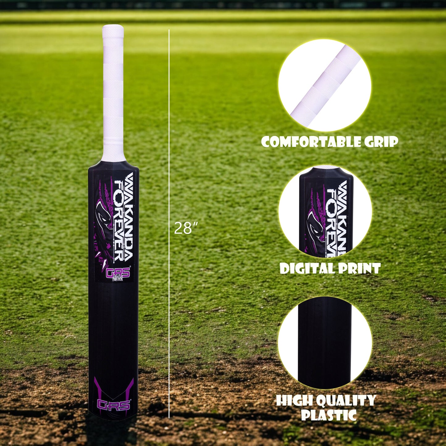 GRS Black Panther Edition Plastic Cricket Bat – Size 3 | Premium Black Bat for Kids Aged 6–10 | Lightweight, Durable & Hero-Inspired Design